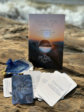 Diving for pearls kit materials including cards and a book on beach rock with ocean water in the background