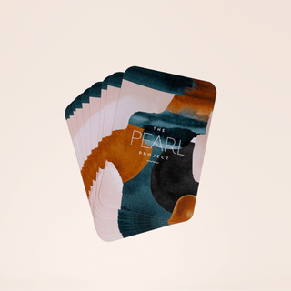 Self-care questions card deck with abstract design and 'The Pearl Project' branding.