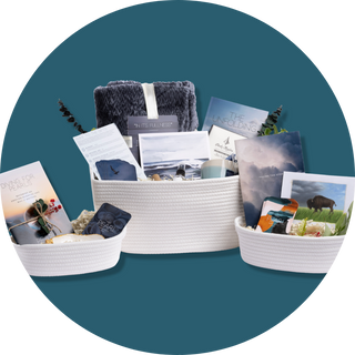 Three white woven Pearl Project gift sets arranged on a teal background, showing the "Diving for Pearls," "The Unfolding," and "Facing the Storm" guidebooks with a navy blanket, seascape and bison prints, question cards, a mug, and greenery.